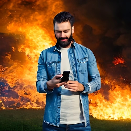 Un homme en train de parier avec du feu derrière lui