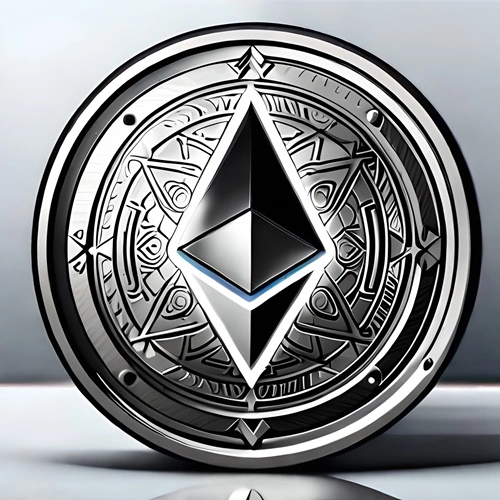 Un pièce d’Ethereum argentée en plein écran